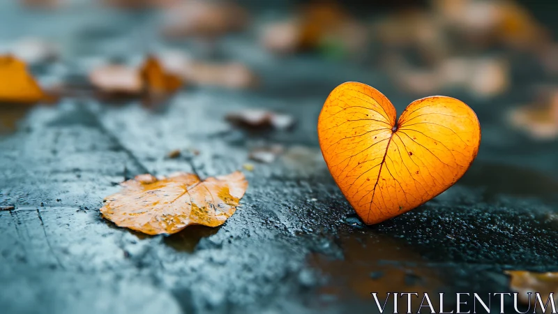 Golden heart-shaped leaf rests on weathered stone surface.