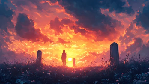 Silhouette stands between gravestones under intense sunset sky