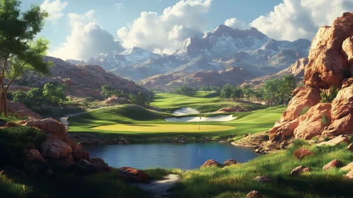 Mountain golf green framed by desert cliffs and lake.