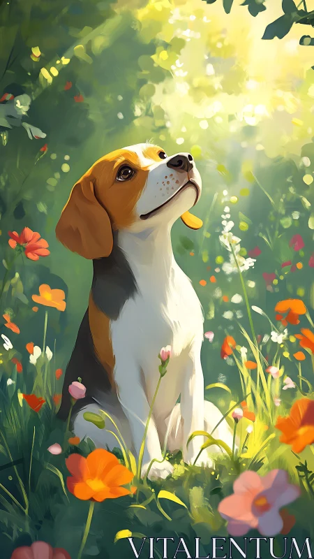 Tricolor beagle in wildflower meadow under filtered light.