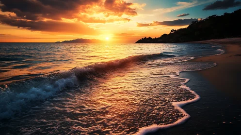 Sunset light on rolling shoreline waves and dark coastline.