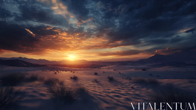 Desert sunrise ignites sculpted dunes under stormy sky.