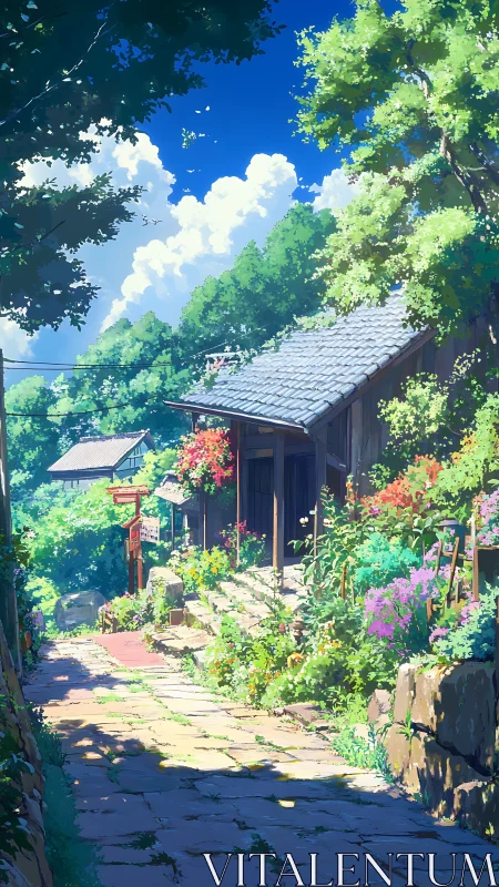 Sunlit village path lined with summer flowers and cottage.