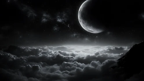 Crescent moon is positioned above dense illuminated cloud tops