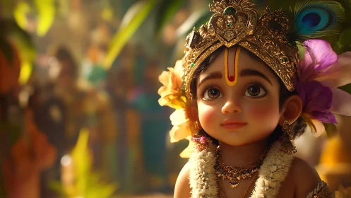 Divine child portrait with jeweled crown and soft bokeh glow.