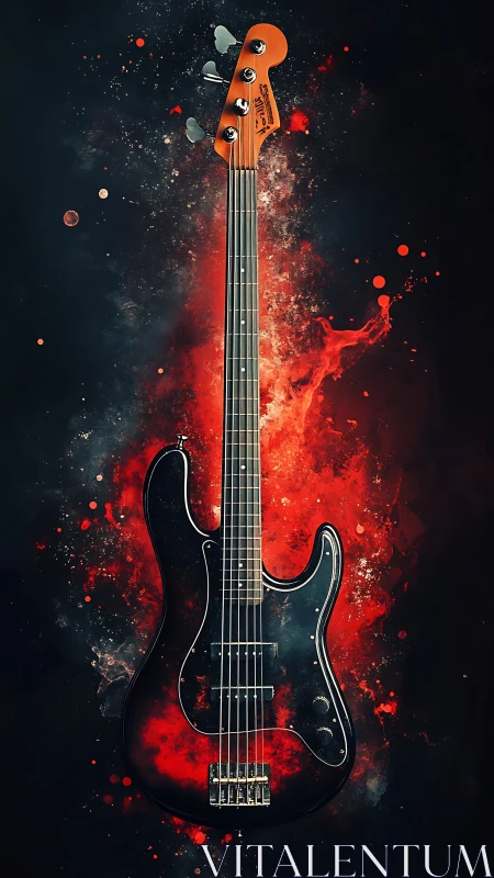 Electric bass guitar emerges from fiery cosmic nebula.