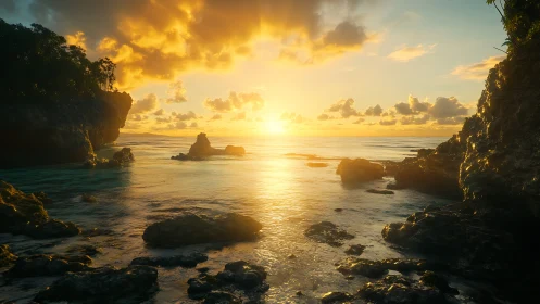Coastal inlet with rocky cliffs under low sun at horizon.