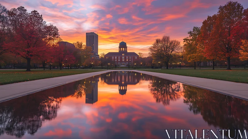 Symmetrical campus reflection under vivid autumn sunrise sky.
