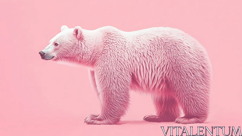 Pink polar bear stands in minimalist monochrome studio scene.