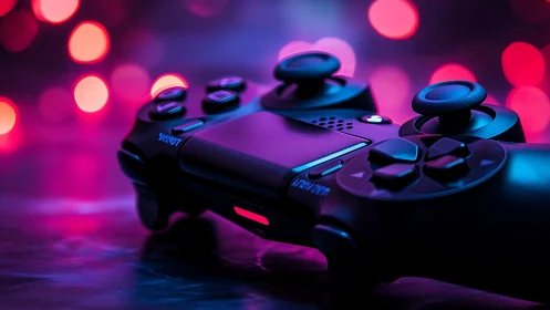 Dual Gaming Controllers Immersed in Neon Atmosphere