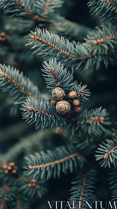 Soft spruce needles and tiny pine cones in quiet focus.