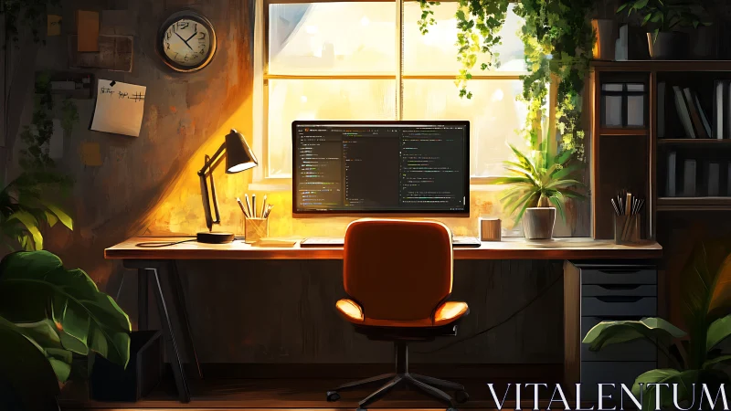 Coding workstation sits in sunlit home office with plants