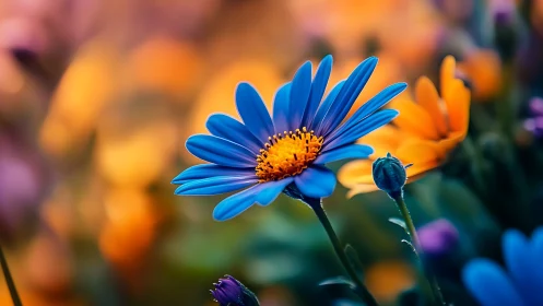 Blue Daisy Against Warm Floral Blur.