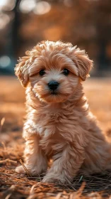 Fluffy autumn puppy posing like a tiny woodland guardian.