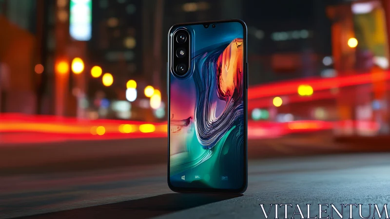 Smartphone stands upright on night street with light trails