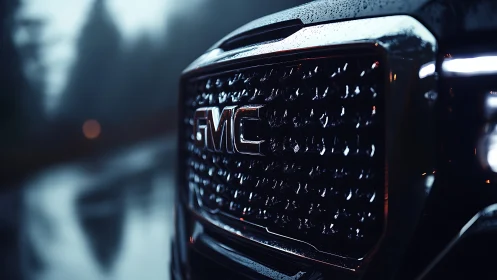 Close view of GMC vehicle grille with shallow depth of field