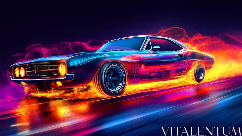 Neon muscle car streaks through liquid fire and midnight chrome