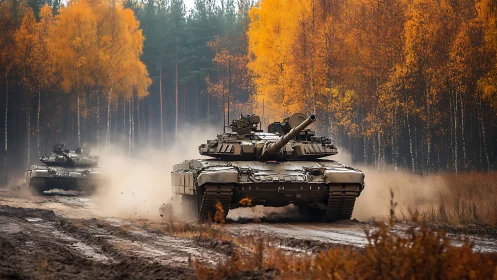 Military tanks advancing through autumn forest with billowing dust.
