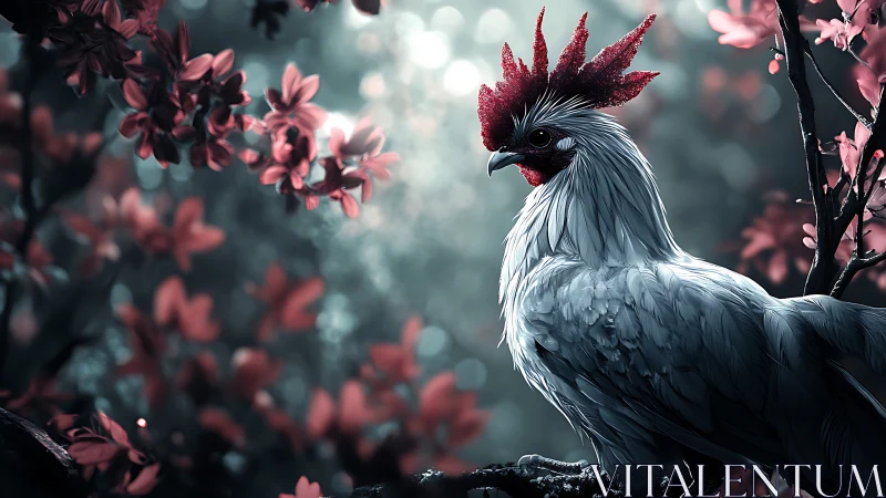 Elegant rooster in dreamy artistic forest scene with soft colors.