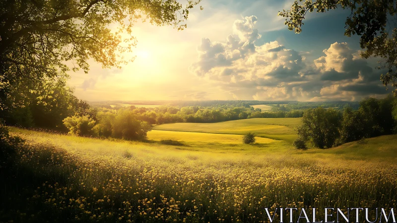 Golden countryside meadow under dramatic sunset sky.