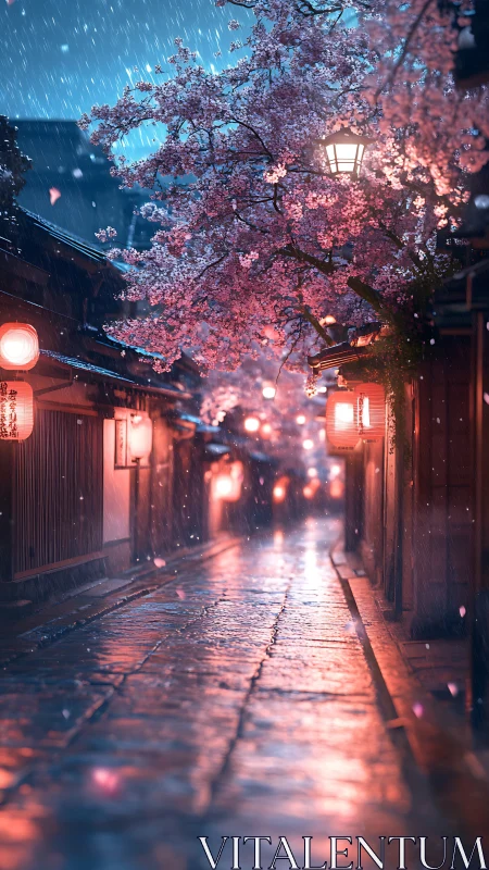 Rainy night alley under pink cherry blossoms and lanterns.