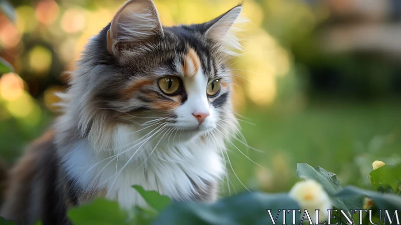 Long-haired tabby cat with striking green eyes in garden setting.