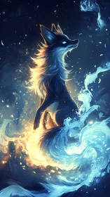 Luminous spirit fox rises amid swirling blue and firelight.