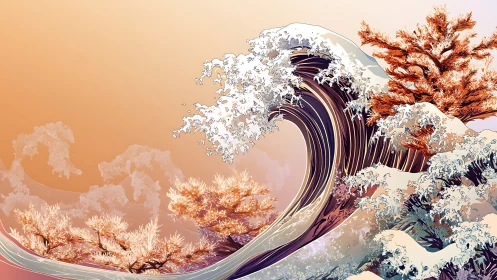 Curved stylized wave with snow and orange foliage elements.