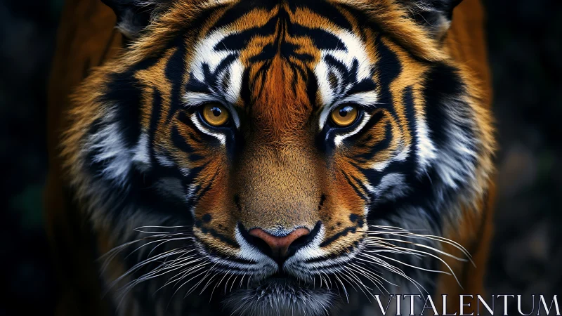 Golden-eyed tiger gazing softly from deep forest shadows.