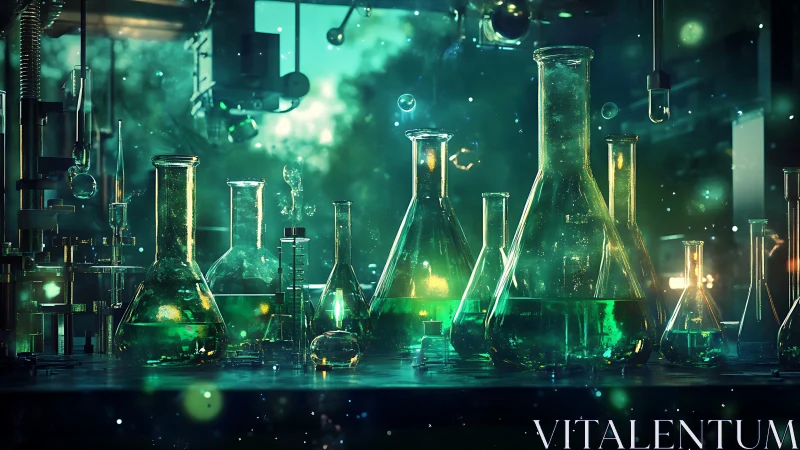 Luminous emerald chemistry lab with reflective glassware.