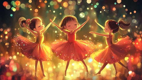 Three young dancers in red dresses amid blurred light field.