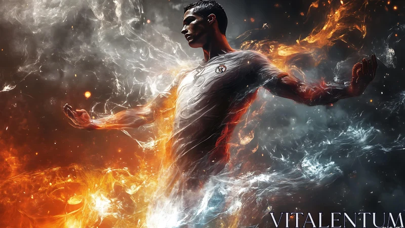 Digital figure in sports shirt amid fire and smoke forms.