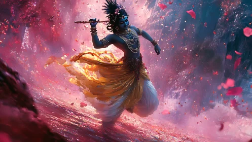 Divine dancer amid cascading petals and cosmic mist.