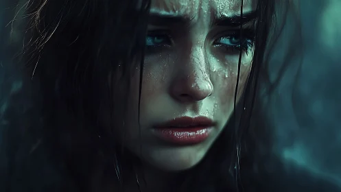 Rain-soaked young woman in close emotional portrait.