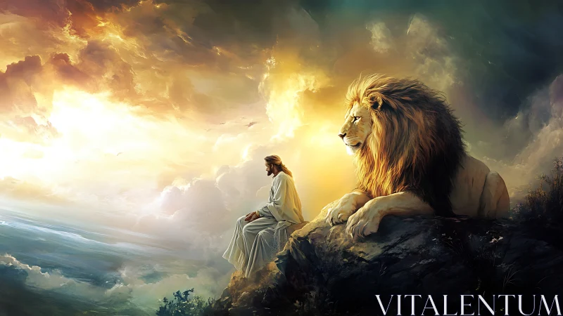 Radiant horizon vigil of robed wanderer and watchful lion.