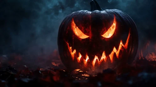 Carved jack o lantern with sharp grin in smoky darkness.