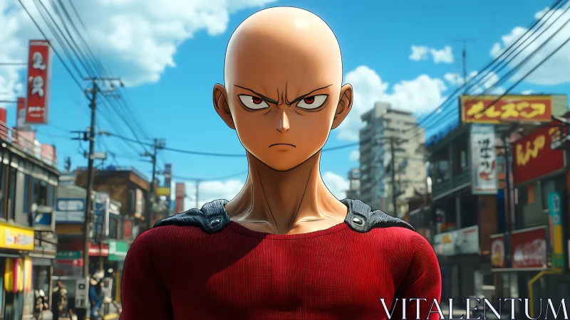 Bald anime hero in urban Japanese street, frontal close-up