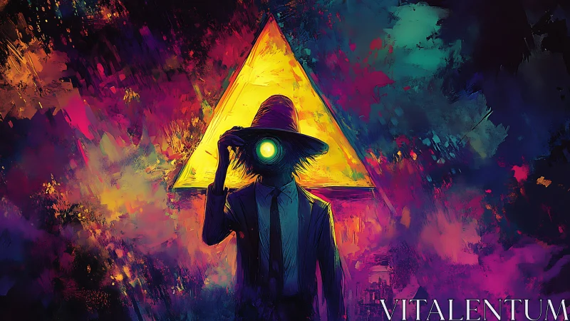 Mysterious neon wanderer before a glowing cosmic triangle.