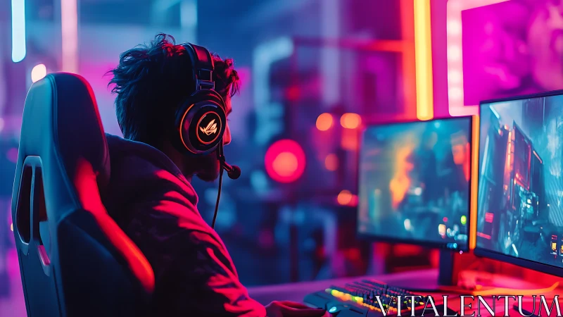 Focused gamer in neon glow enjoying an immersive night session.