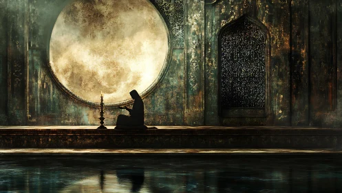Solitary robed figure prays before lunar portal in decayed hall