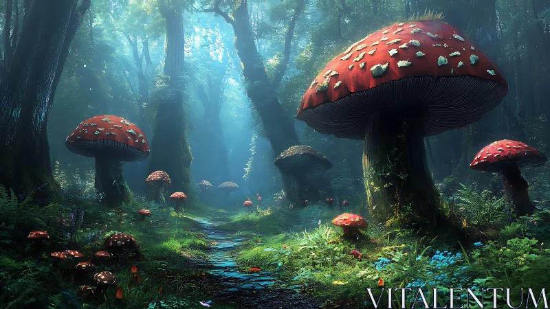 Enchanted forest path lined with colossal red toadstools.