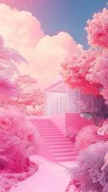 Monochrome pink house and staircase in stylized garden scene.