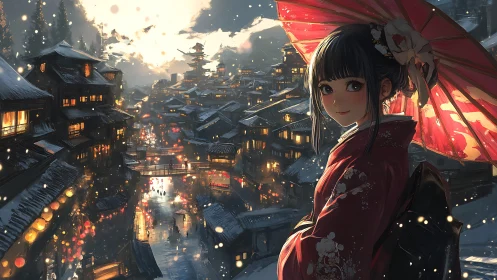 Snowlit lanterns crown a winter street while she turns, smiling