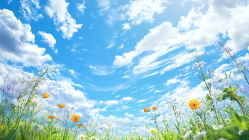 Low-angle spring meadow under expansive cumulus cloud sky