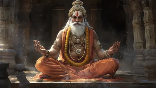 Vedic sage in temple mandapa rendered with cinematic digital realism