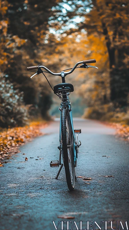 Bicycle parked on autumn path surrounded by fall foliage.