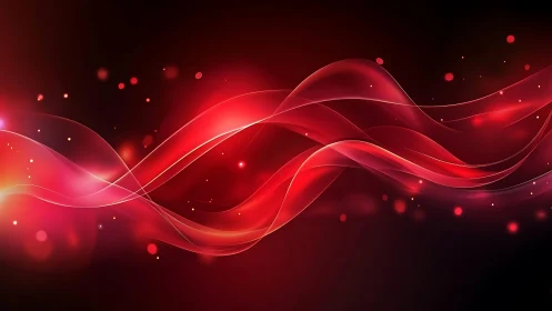 Abstract red light waves with glowing particles, digital art style.