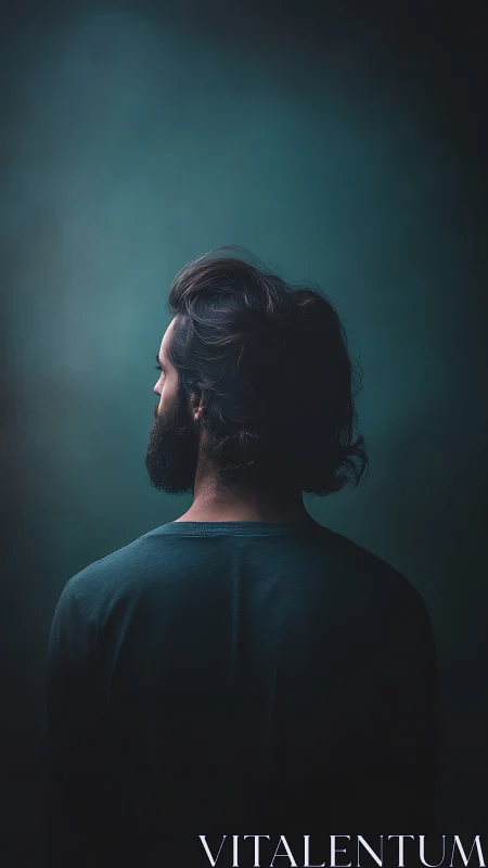 Bearded man viewed from behind under moody teal light