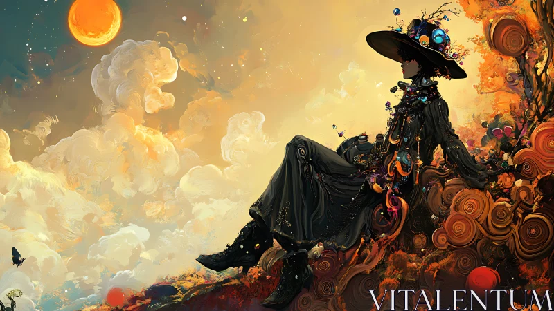 Silhouetted figure in ornate hat reclining amid swirling orange clouds