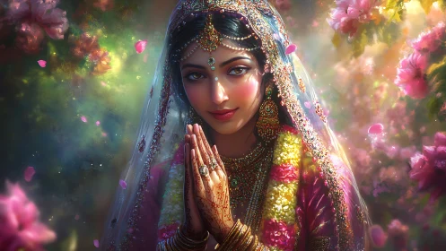 Indian bride portrait in floral garden setting artwork.